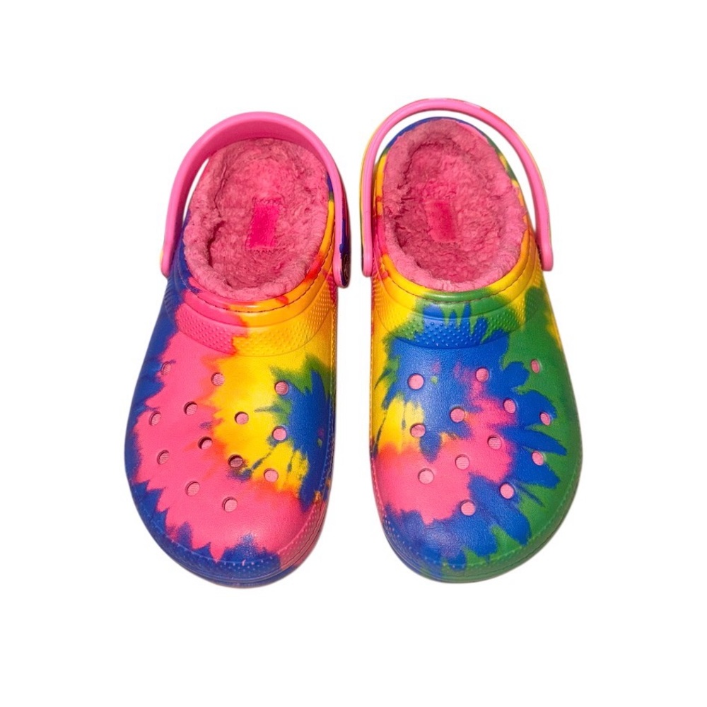 Crocs fur lined CLASSIC Tie Dye kids clogs shoes girl’s shoes size 4 - Picture 3 of 13
